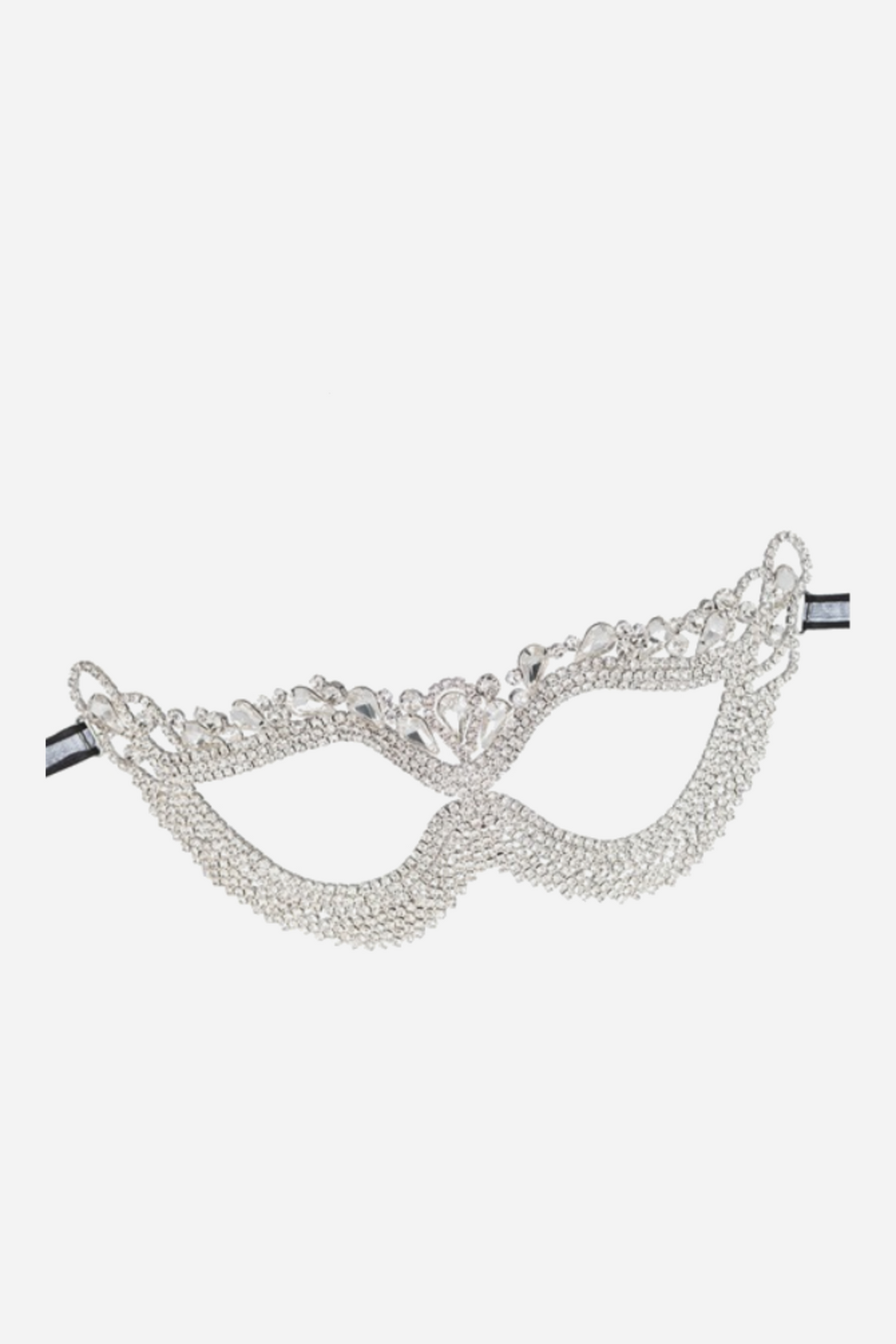 Silver rhinestone eye mask in a butterfly cat-eye shape, with an ornate jeweled crest along the top edge and black ribbon ties at each side