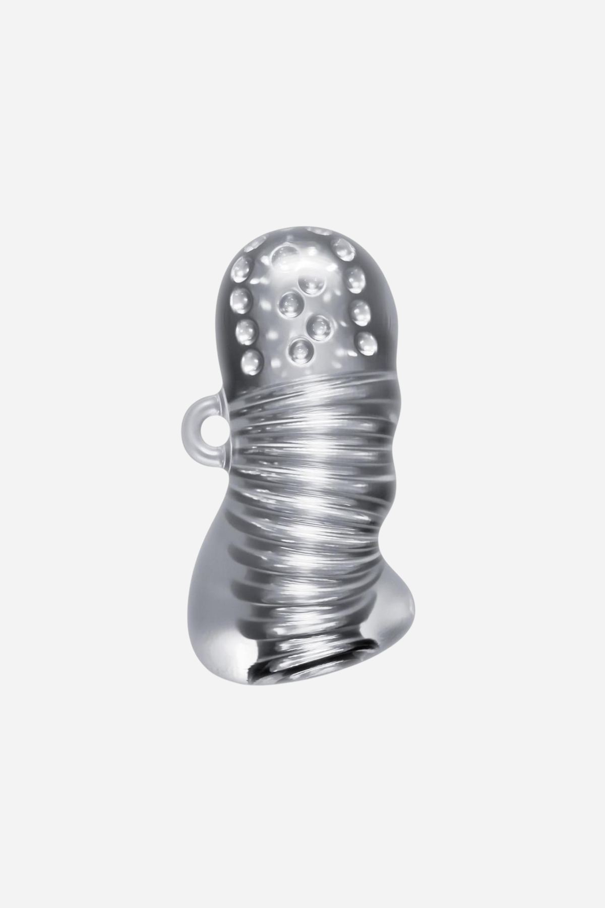 Clear Rise Up Squeezy stroker standing on grey, a soft ribbed sleeve with deep horizontal grooves running the length of its open barrel.