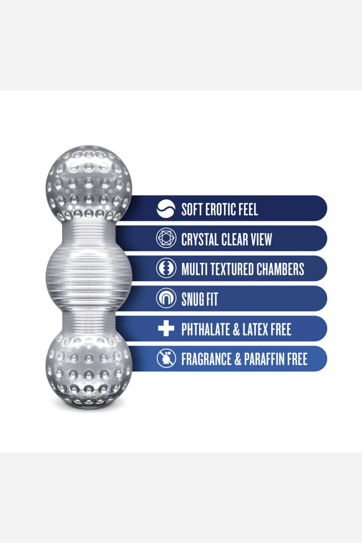Specification panel for the Feelz stroker listing its material, length, canal size, firmness and care details in blue labelled chips.