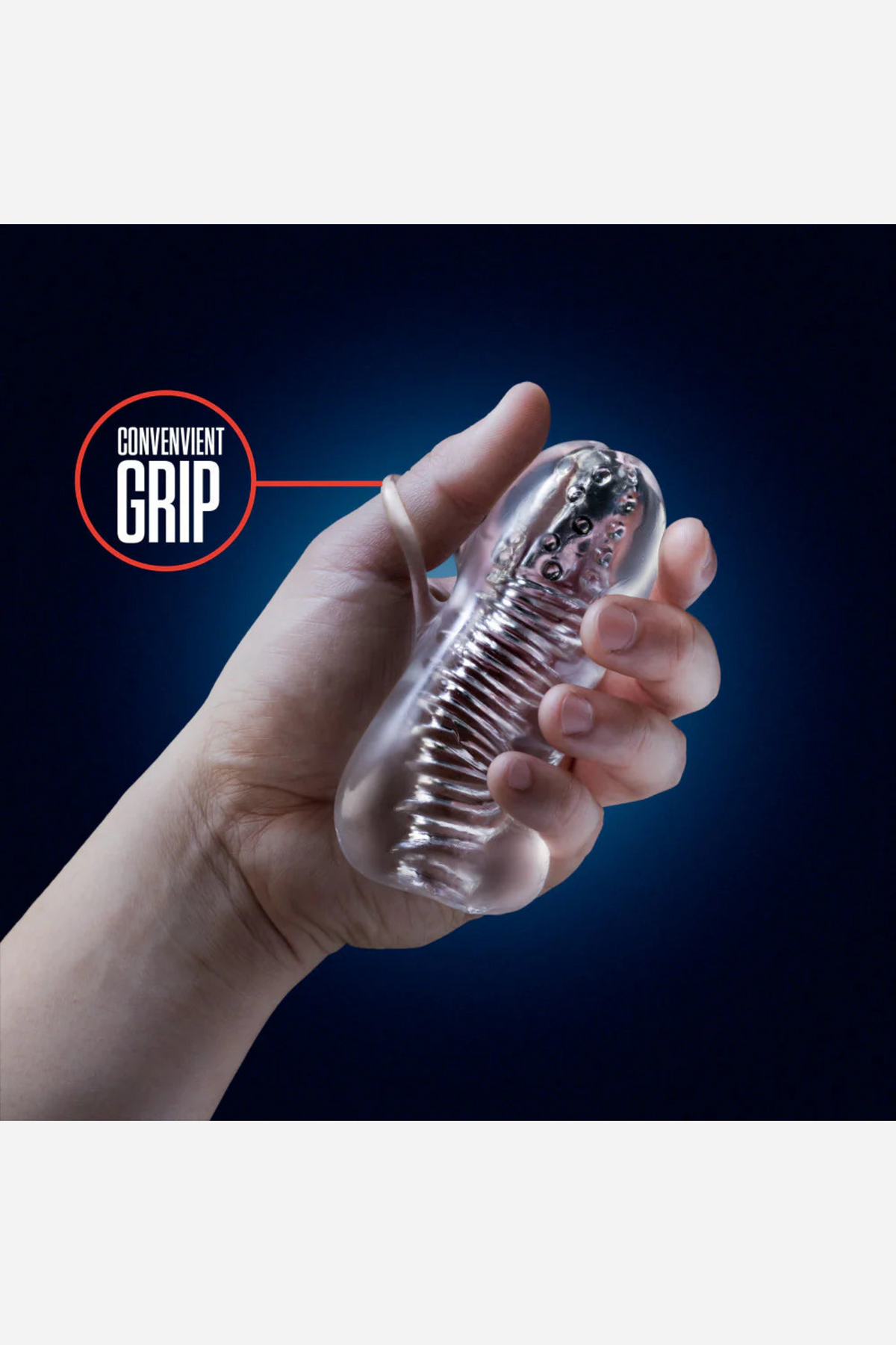 A hand squeezing the clear Squeezy stroker against a deep navy background, showing how far the soft ribbed sleeve gives under pressure.