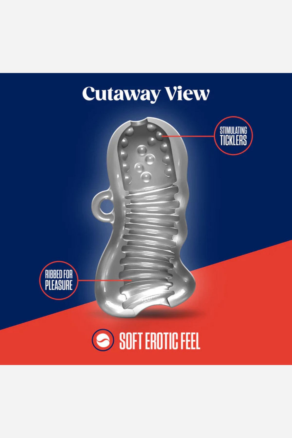 Navy and red cutaway diagram of the Squeezy stroker, slicing the sleeve lengthwise to show the ribbed chambers inside its clear barrel.