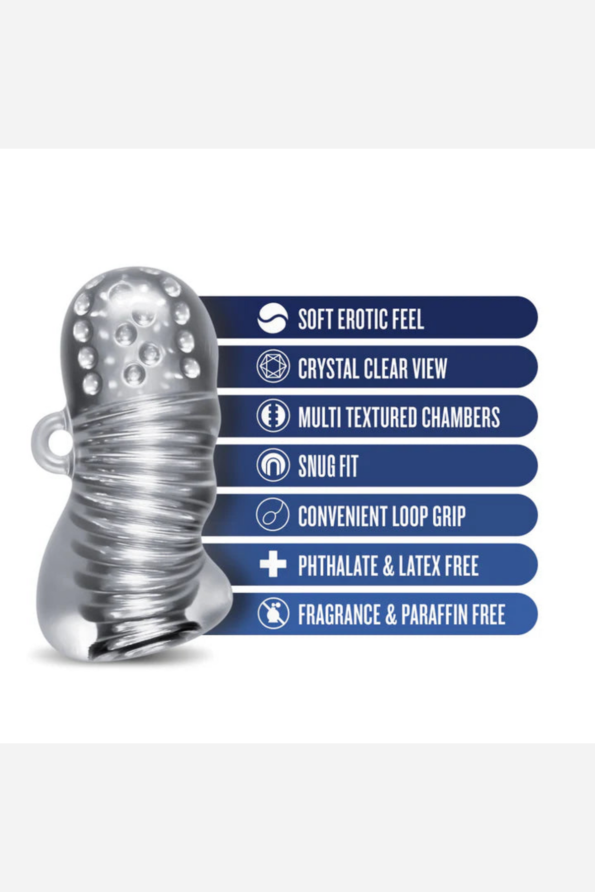 Specification panel for the Squeezy stroker listing its material, length, canal size, firmness and care details in blue labelled chips.