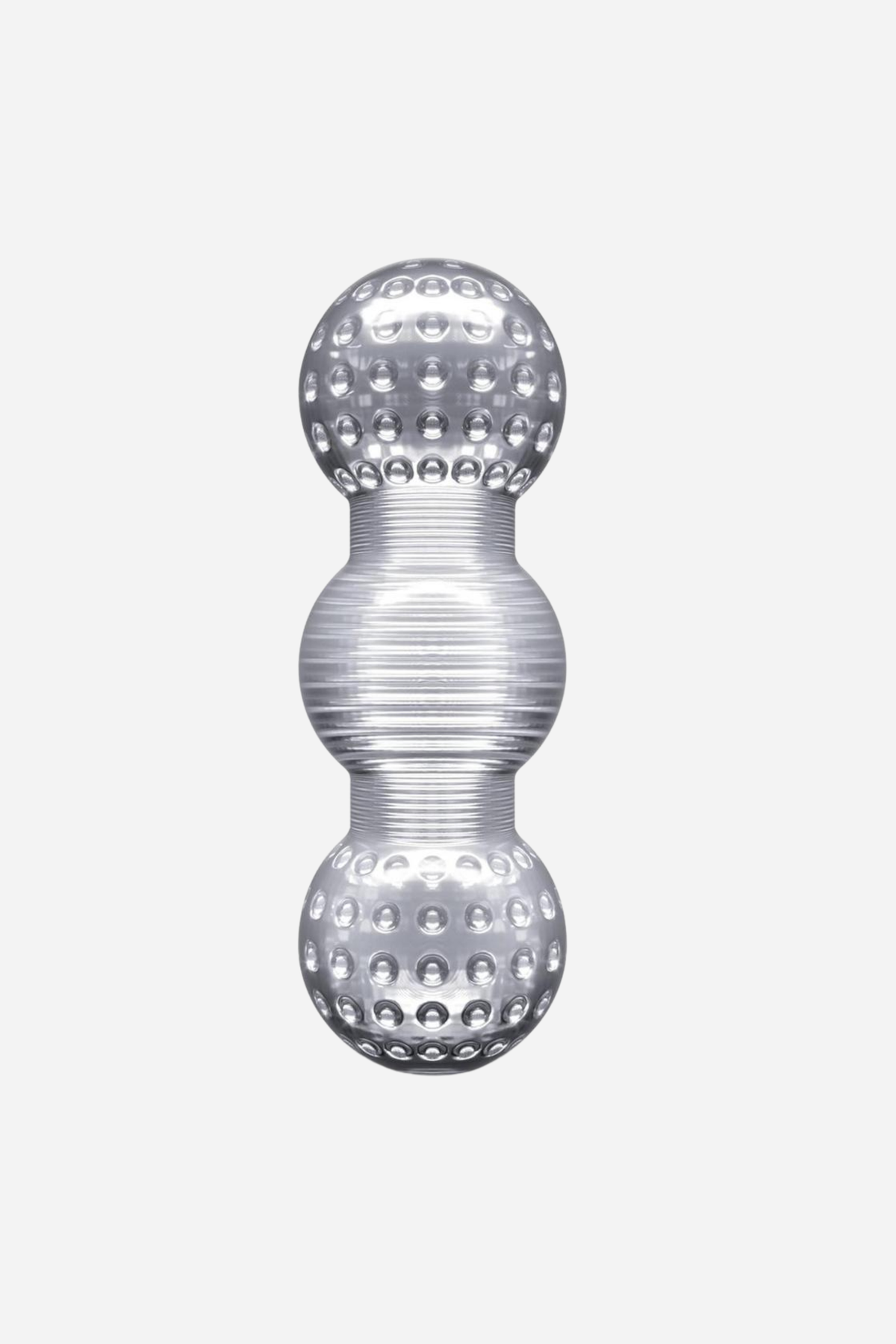 Clear Rise Up Feelz stroker standing on grey, its open barrel shaped into two rounded bulbs with a narrower waist between them.