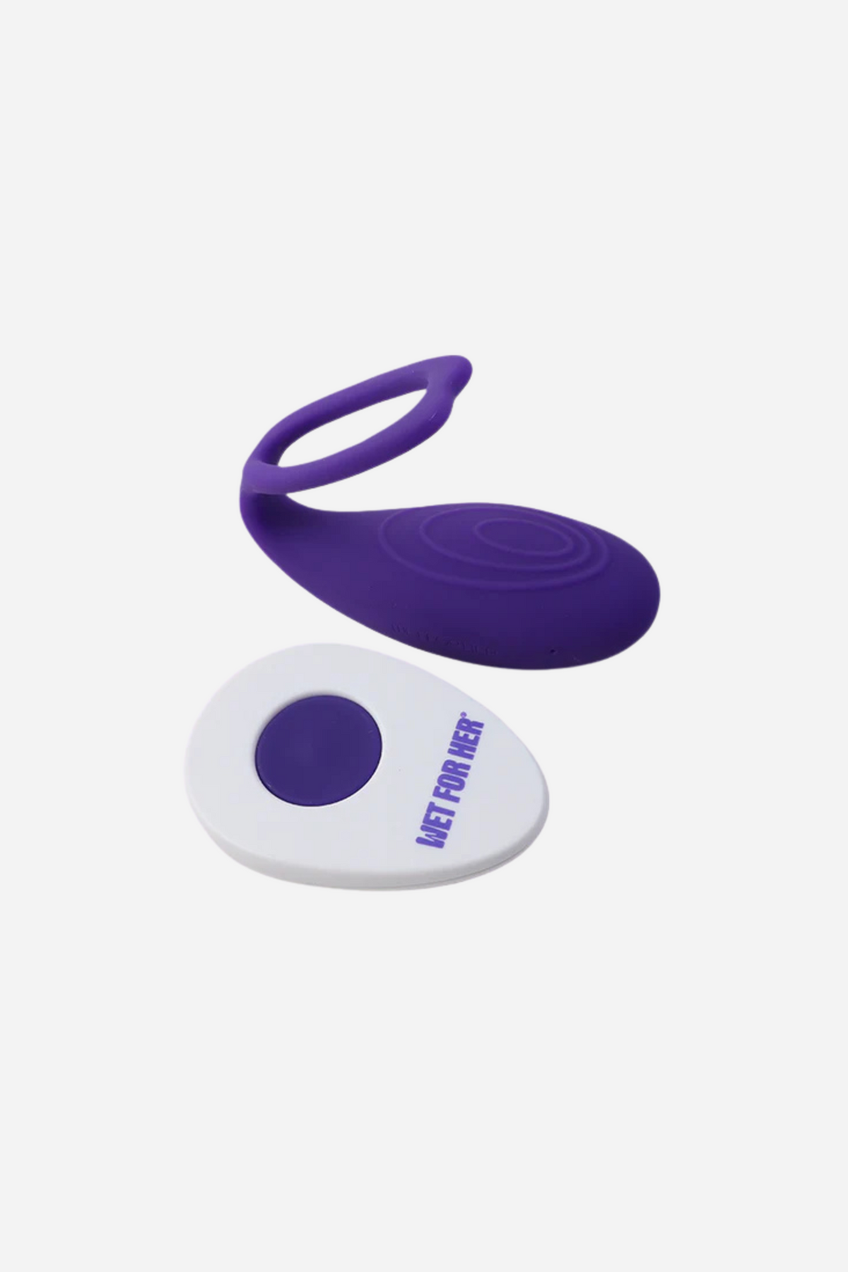 Rockher Wearable Scissoring Vibrator 2.0 in purple with its wireless remote, a silicone couples vibe with an insertable bulb and clitoral ring, on a grey background