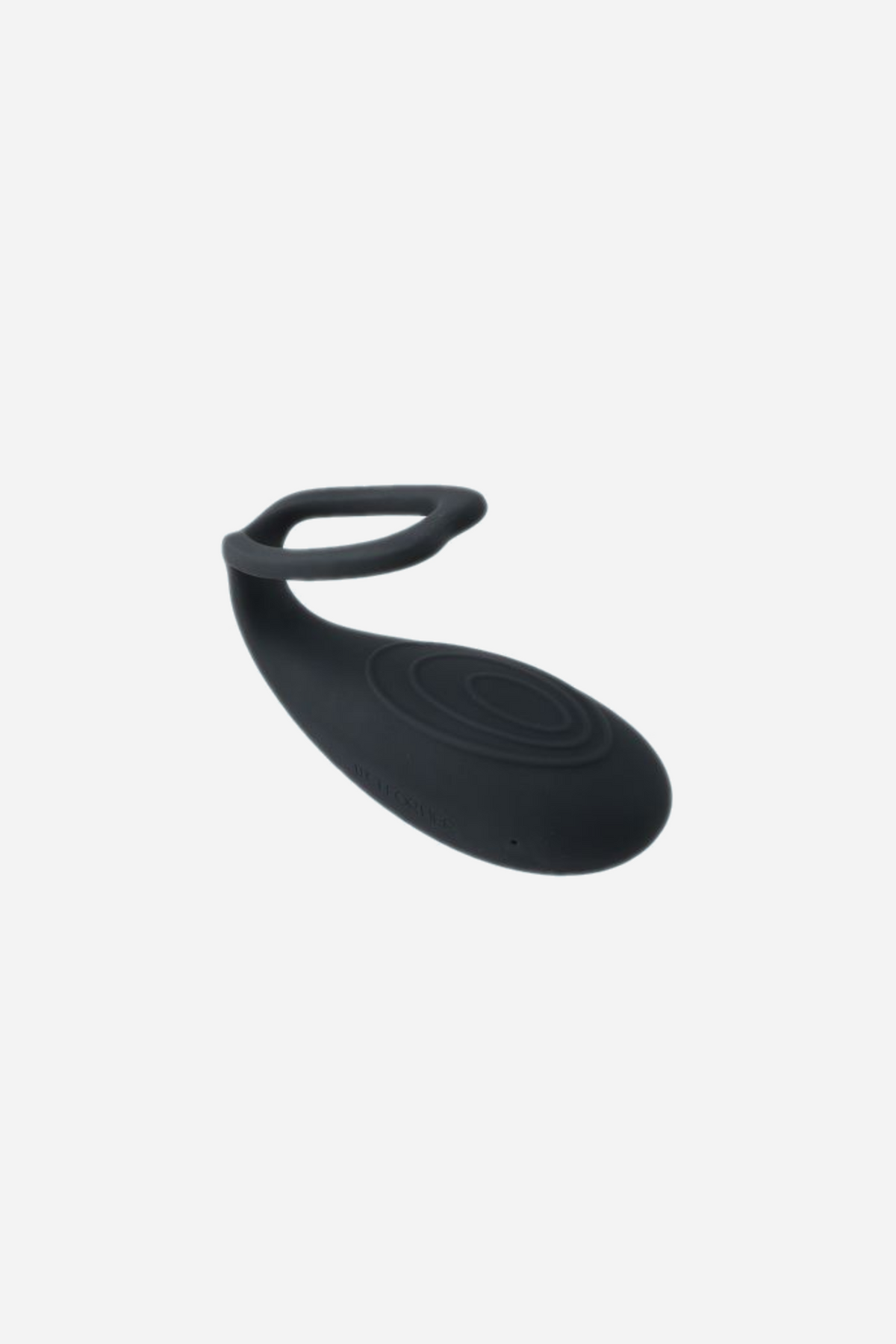 Rockher Wearable Scissoring Vibrator 2.0 in black, showing the curved textured bulb and slim vibrating silicone ring for shared grinding, on a grey background