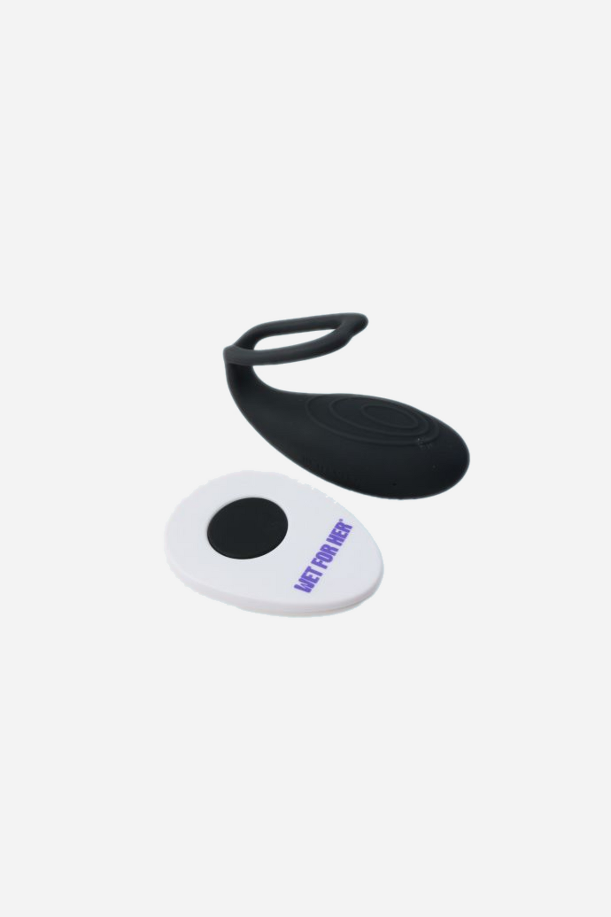 Rockher Wearable Scissoring Vibrator 2.0 in black with its white wireless remote for switching between 10 vibration modes mid-play, on a grey background