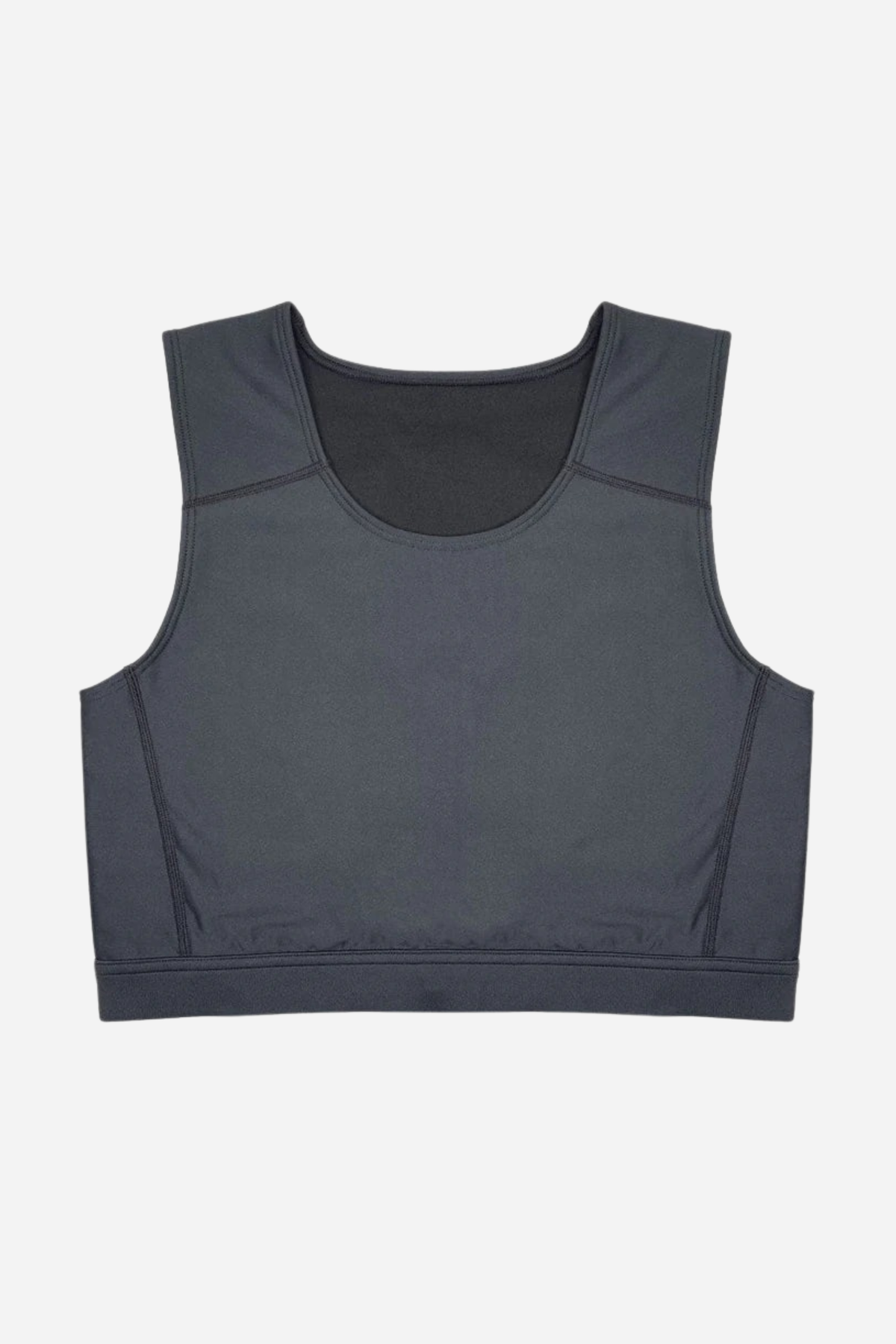 RodeOH cropped compression binder in black, a tank-style chest binder with wide shoulder straps and a band hem, shown flat front view