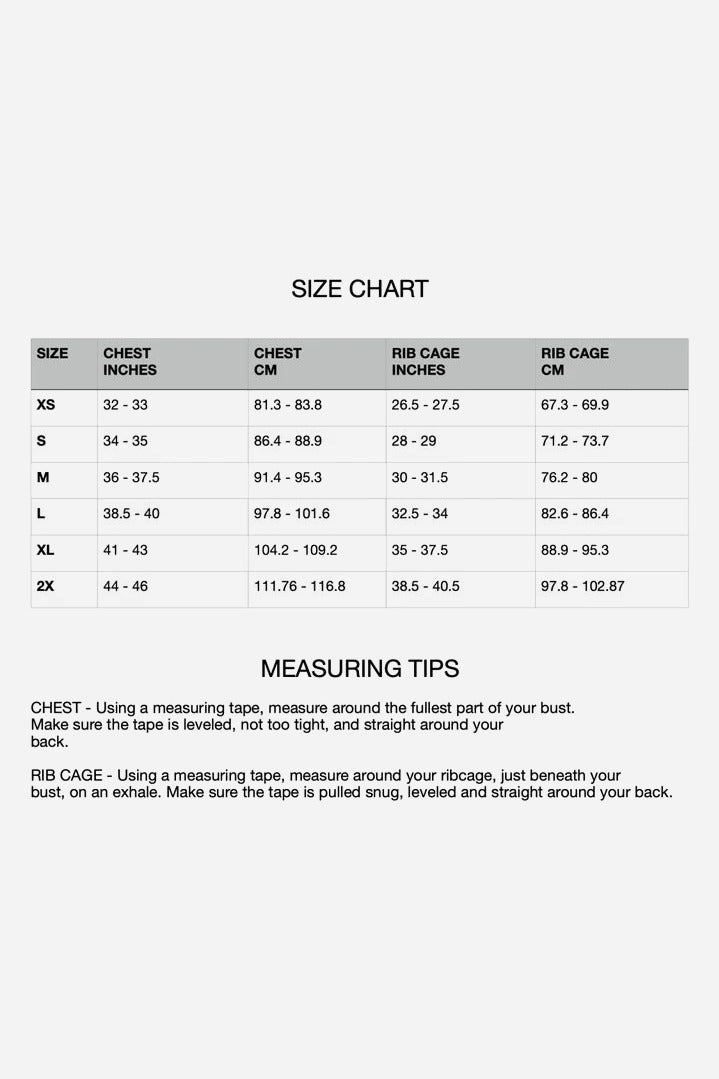 RodeOH compression binder size chart listing chest and rib cage measurements in inches and cm for XS to 2X, with measuring tips