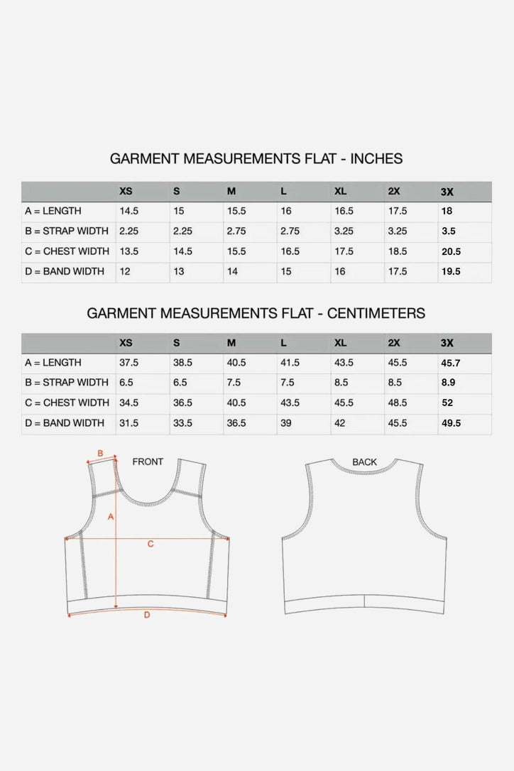 RodeOH binder flat garment measurements chart in inches and cm for XS to 3X with front and back diagrams of length and widths