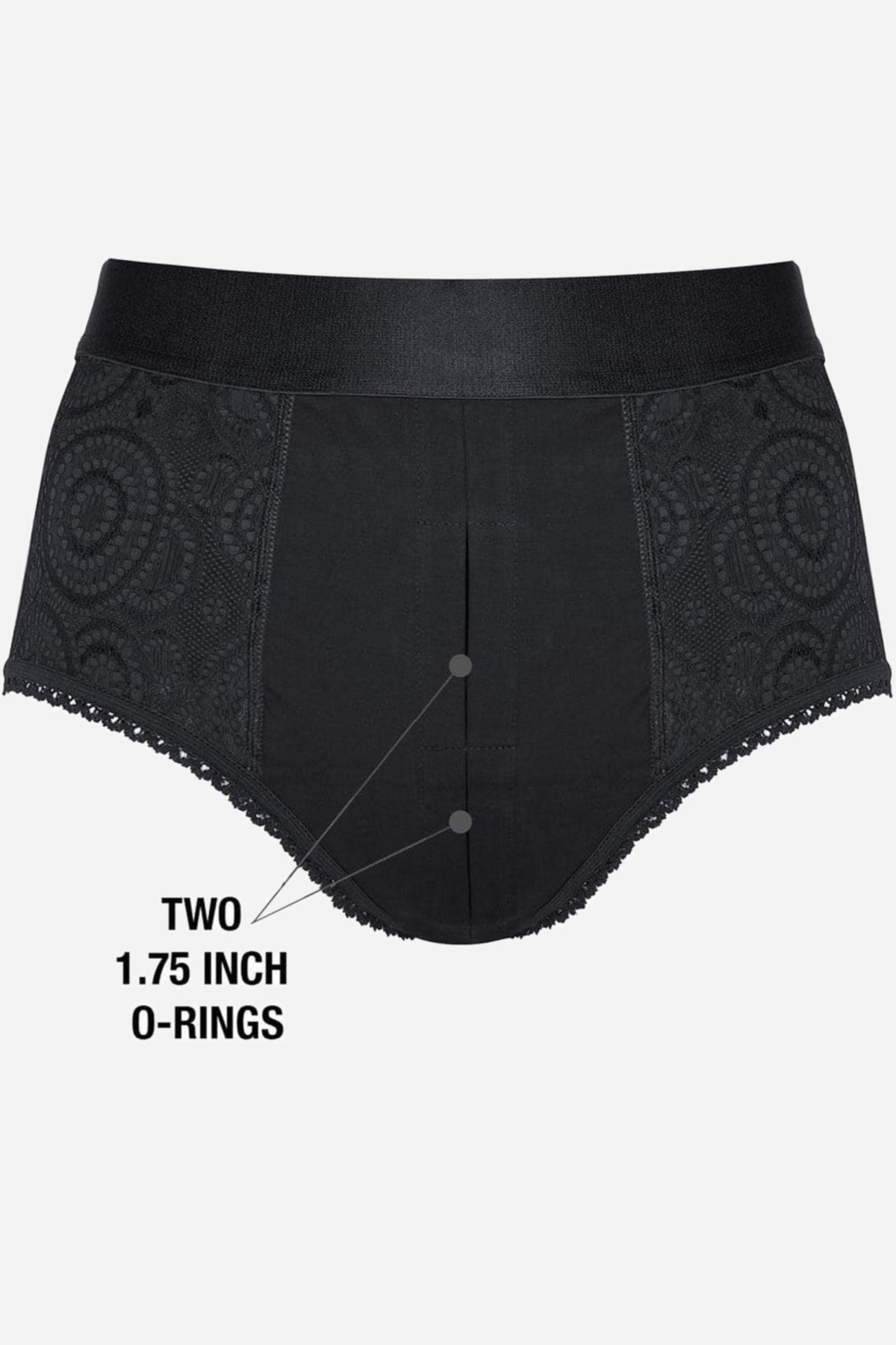 The black high waisted harness panty seen from the front, with a printed callout reading two 1.75 inch O-rings on the front panel