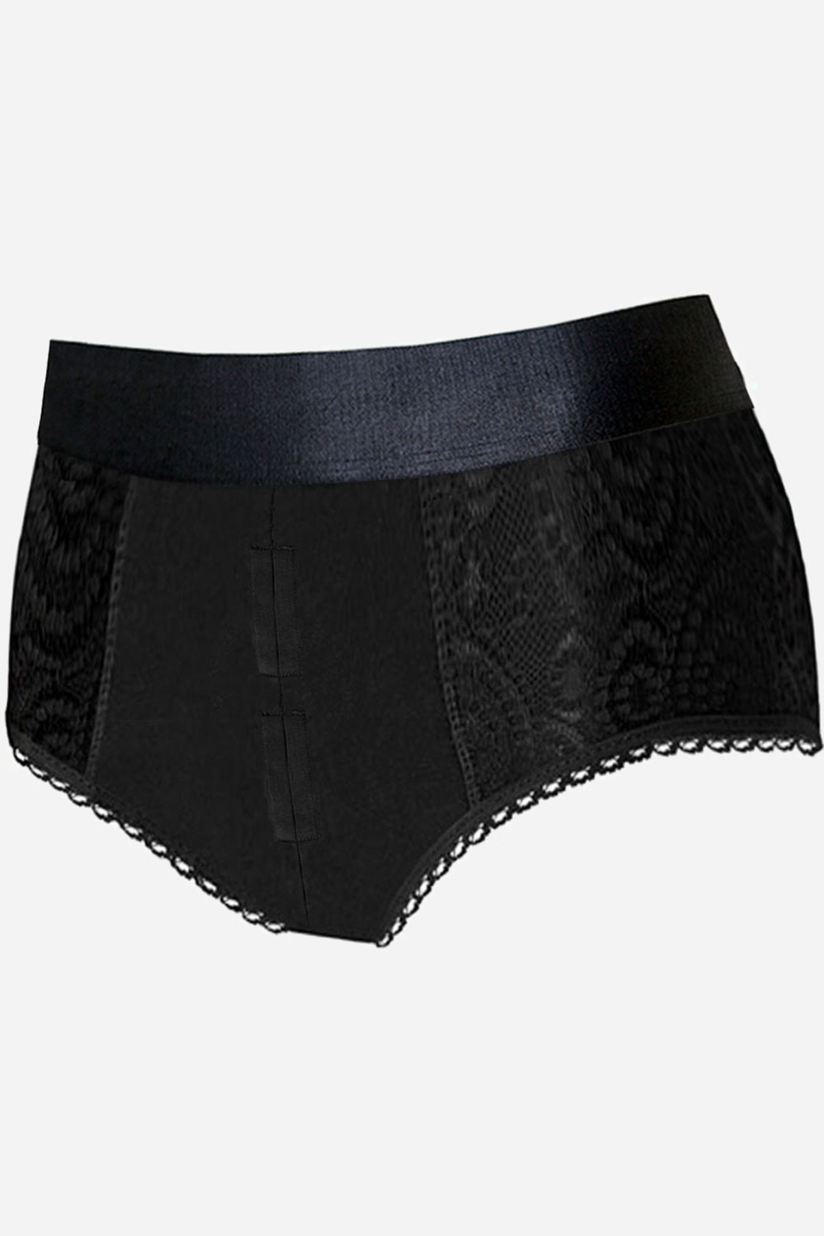 Front view of the black harness panty on a form, showing the wide satin waistband, the lace patterned panels and the picot hem