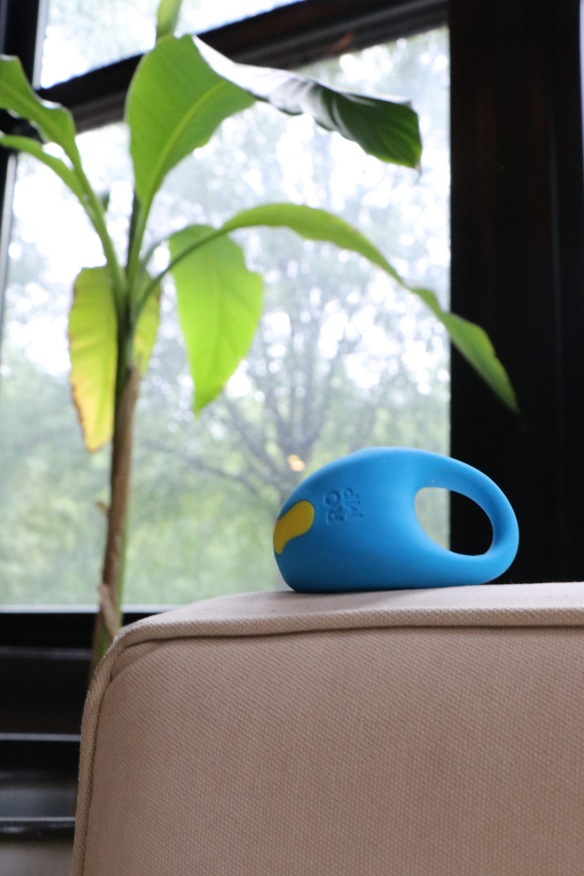 Blue Romp Juke vibrating C-ring resting on a beige sofa arm beside a leafy houseplant and a window, a lifestyle shot of the rechargeable cock ring