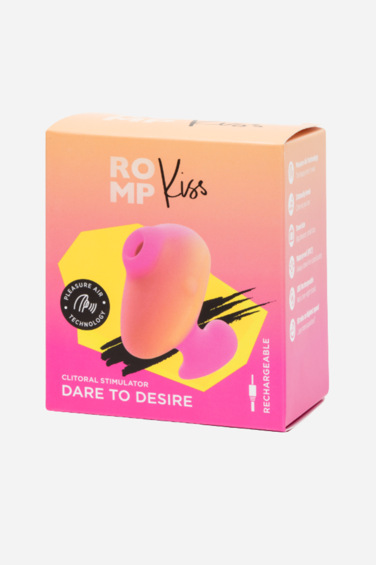 Romp Kiss suction toy retail box with the Dare to Desire tagline and product photo, showing the gift-ready packaging on a grey background