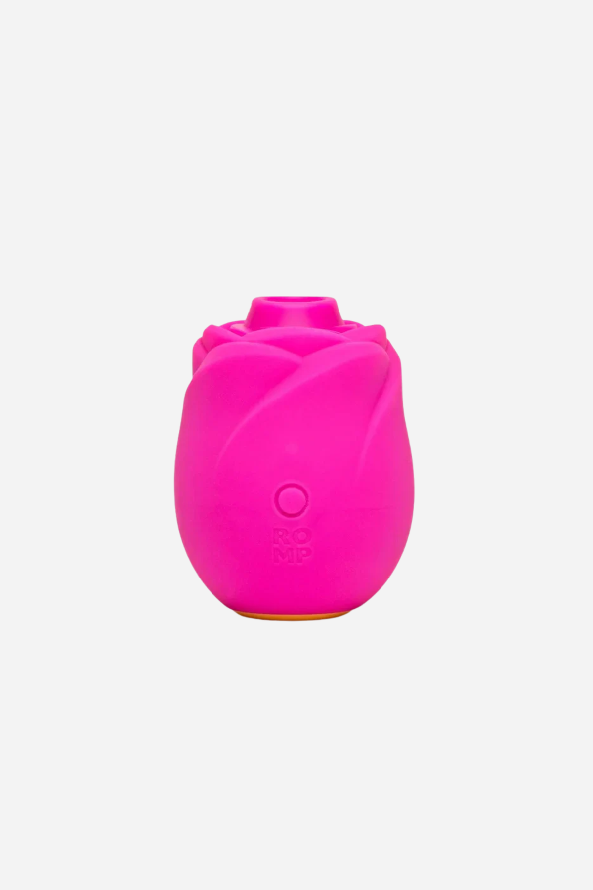 Romp Rose 2.0 Air Pulsation Toy in hot pink, a rosebud-shaped clitoral stimulator with sculpted petals and a single control button