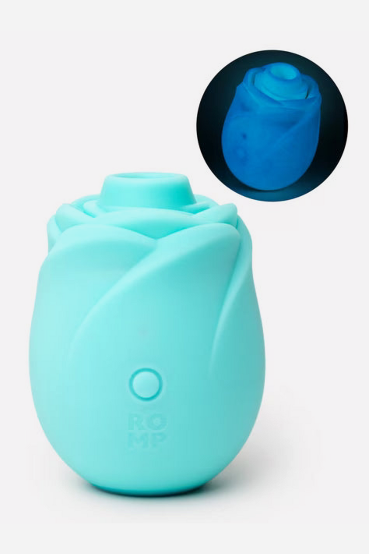 Romp Rose 2.0 in glow-in-the-dark aqua silicone, with a circular inset showing the rosebud toy glowing bright blue in the dark