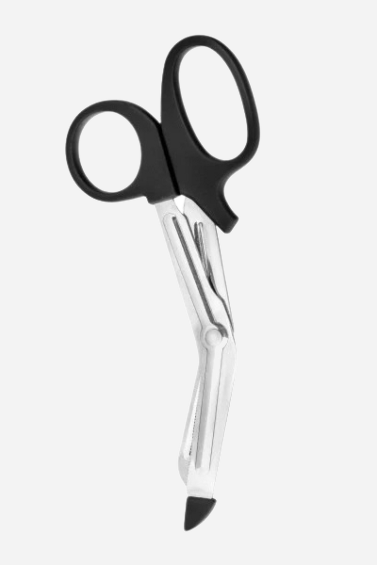 Black handled safety scissors with a stainless steel blade and a blunt rounded tip, standing upright against a plain grey backdrop