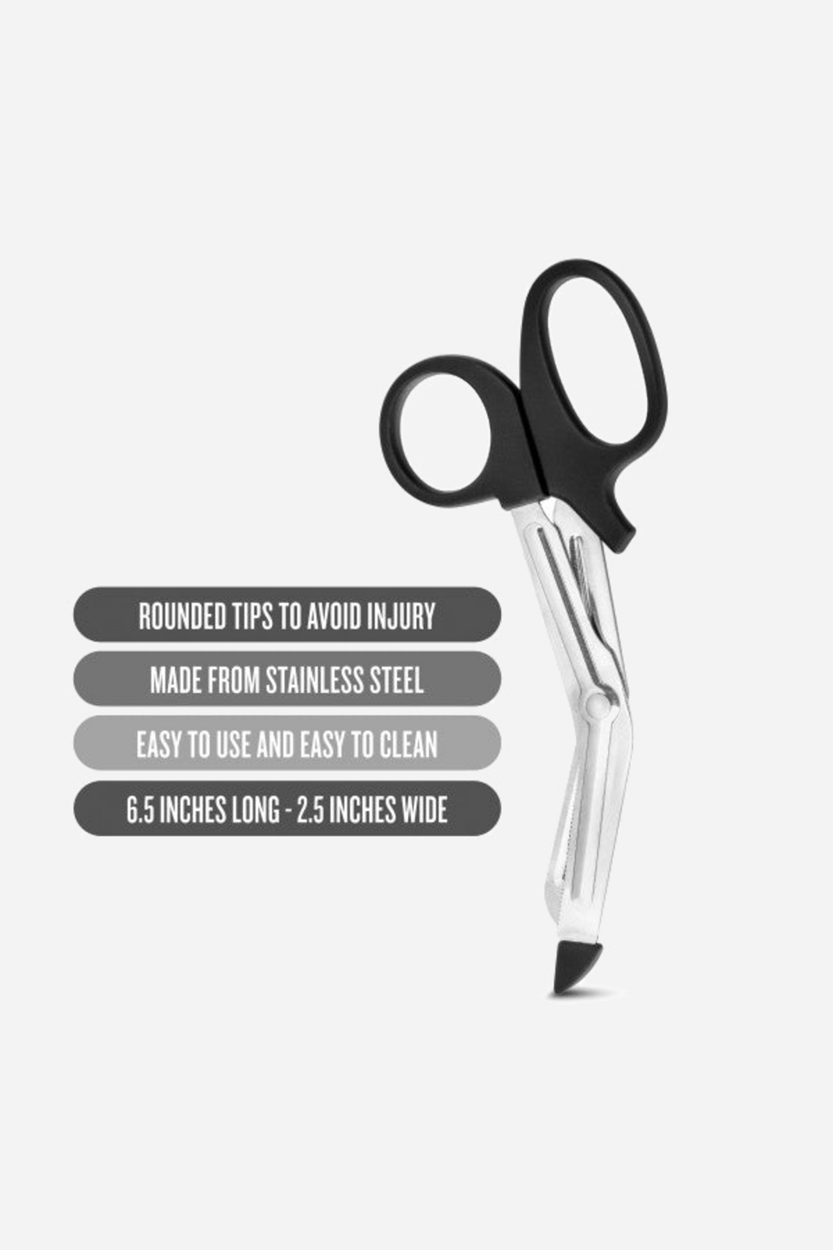 The safety scissors shown beside four spec notes: rounded tips to avoid injury, stainless steel, easy to clean, 6.5 inches long