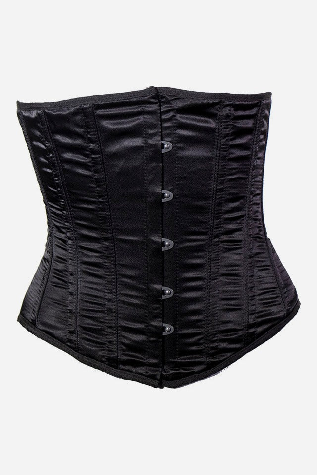 Front of the Satin Doll underbust corset in high-shine black satin with full steel boning and a silver front busk closure