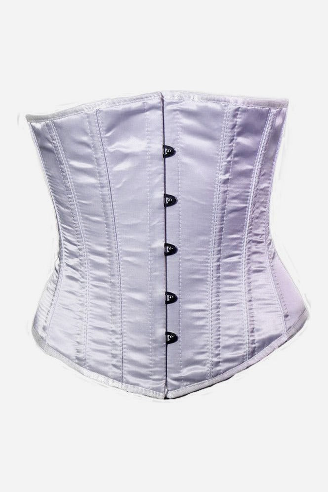 Front of the Satin Doll underbust corset in high-shine white satin with steel boning channels and a black-clasped steel front busk