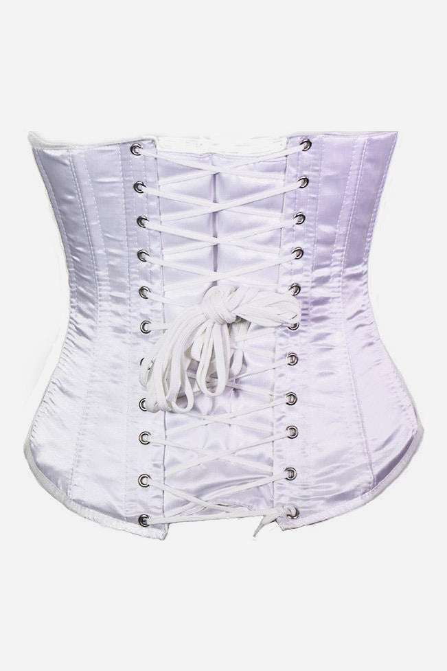 Back of the white satin Satin Doll underbust corset showing white laces crossed through two rows of silver grommets and tied in a bow