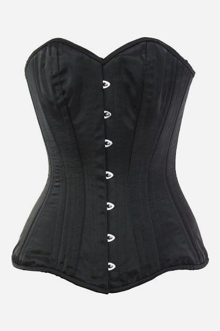 Seductress overbust corset in black satin with a sweetheart neckline, vertical steel boning channels and a silver front busk closure