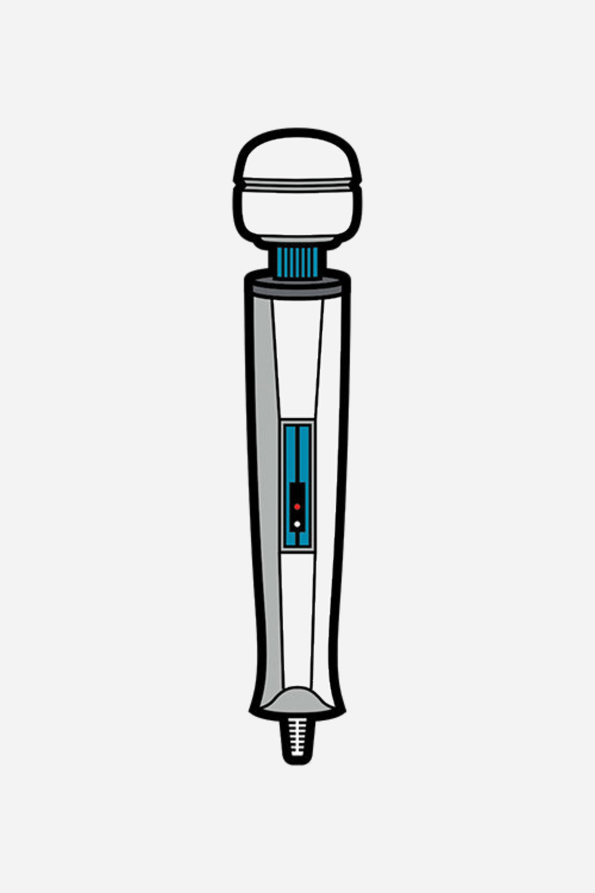 Enamel pin shaped like a classic magic wand massager, with a white body, rounded head and a small teal control panel on the handle.