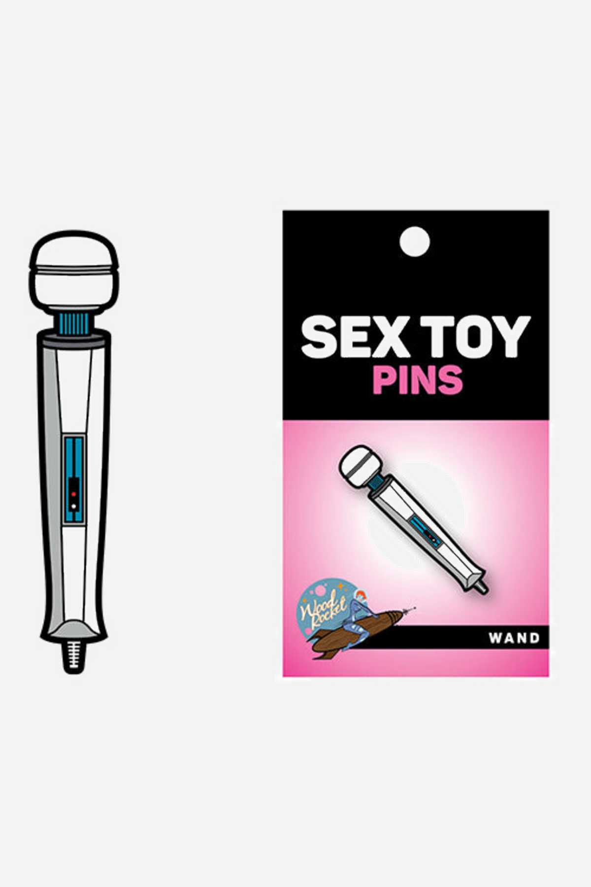 The magic wand enamel pin next to its Sex Toy Pins backing card, a black and pink package with the wand illustrated and labelled Wand.