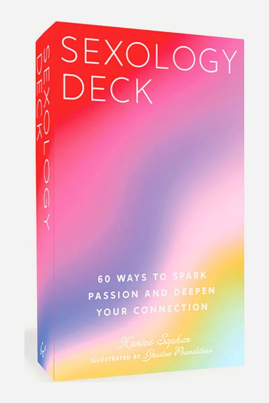 The Sexology Deck relationship building card game box with a pink, purple and yellow gradient cover, shown on a light grey background