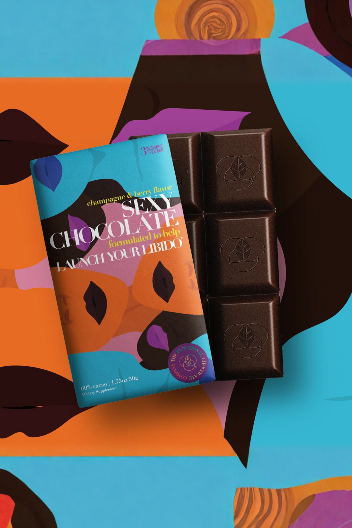 Sexy Chocolate Champagne & Berry functional dark chocolate bar shown on its colorful illustrated wrapper, with squares of dark chocolate