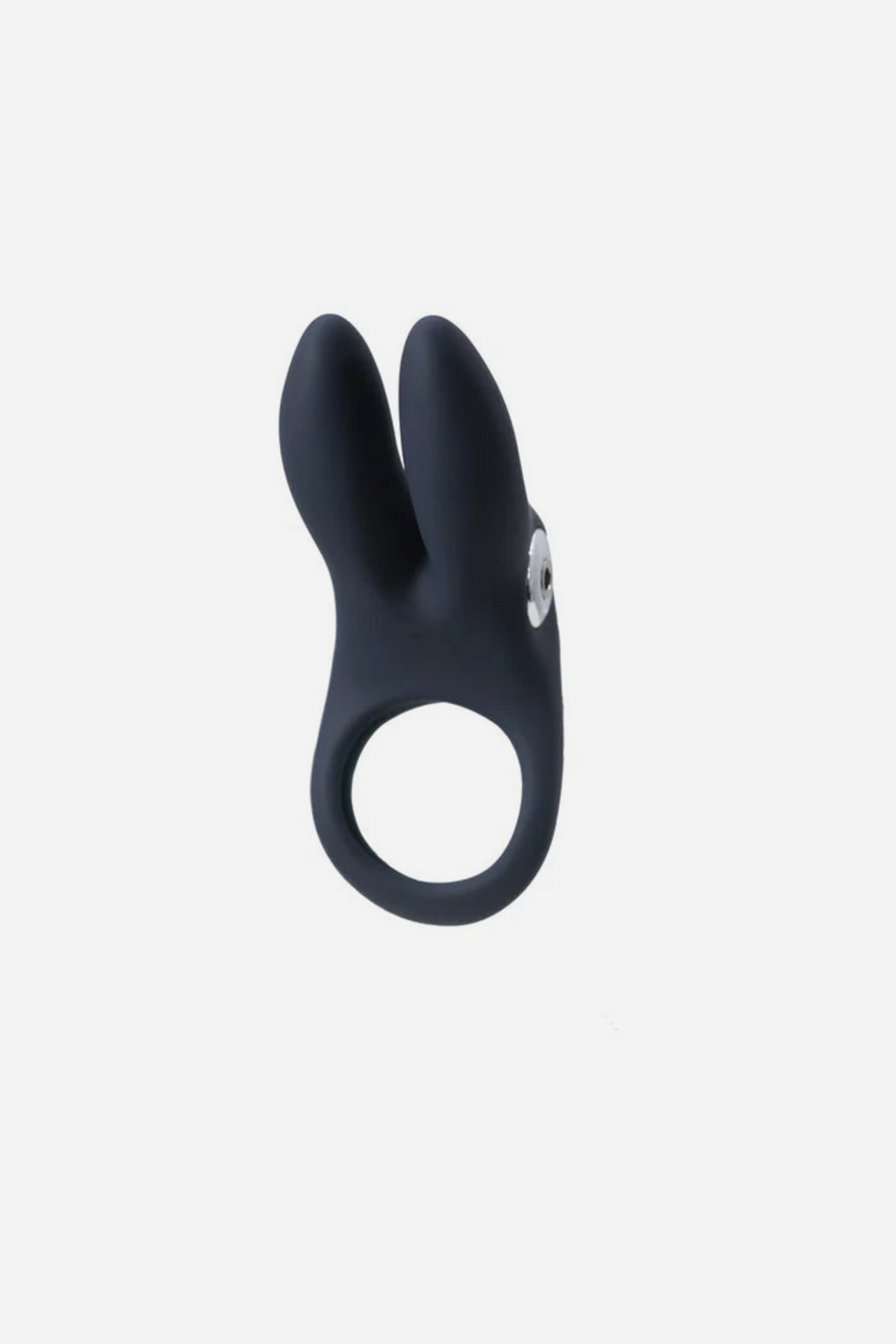 Sexy Bunny vibrating cock ring in Black shown at an angle, with rabbit-ear clitoral stimulator and silver power button on light grey