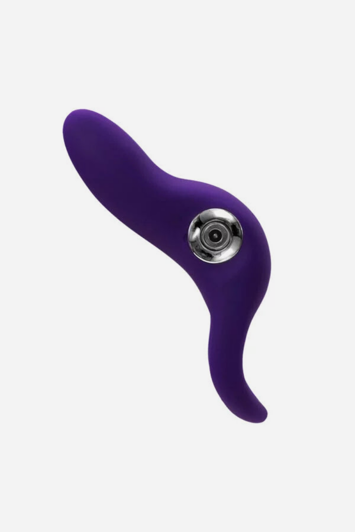 Side view of the Sexy Bunny vibrating cock ring in Purple, showing the curved ears, ring profile and metallic control button on grey