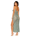 size small asian model shows off the back of the 'she's essential lace maxi gown in sage' with the v-back plunge, super cute button details, and eyelash lace trim.