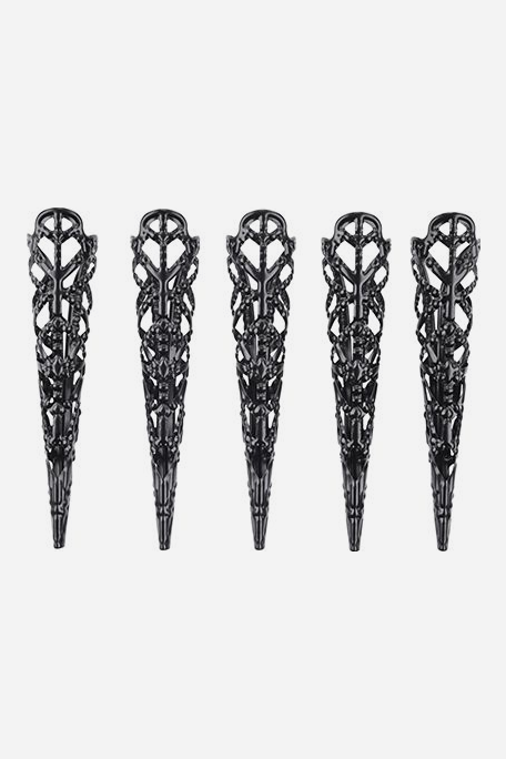 All five She's A Brat sensation finger tips in black lined up side by side, showing the open filigree pattern and tapered pointed ends