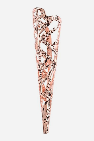 Close-up of one She's A Brat rose gold sensation finger tip, showing the open filigree pattern, adjustable open back and pointed tip