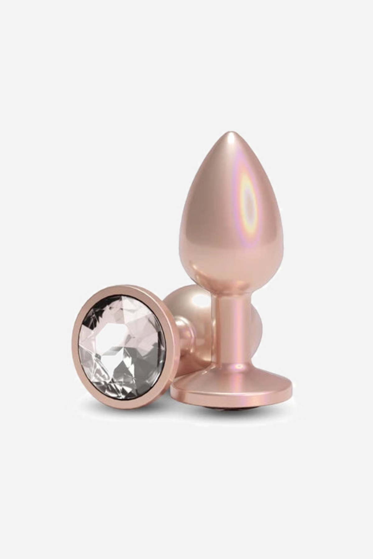 Two Shimmering Princess plugs, one standing upright and one laid on its side so the round clear jewel in the flared base is visible.