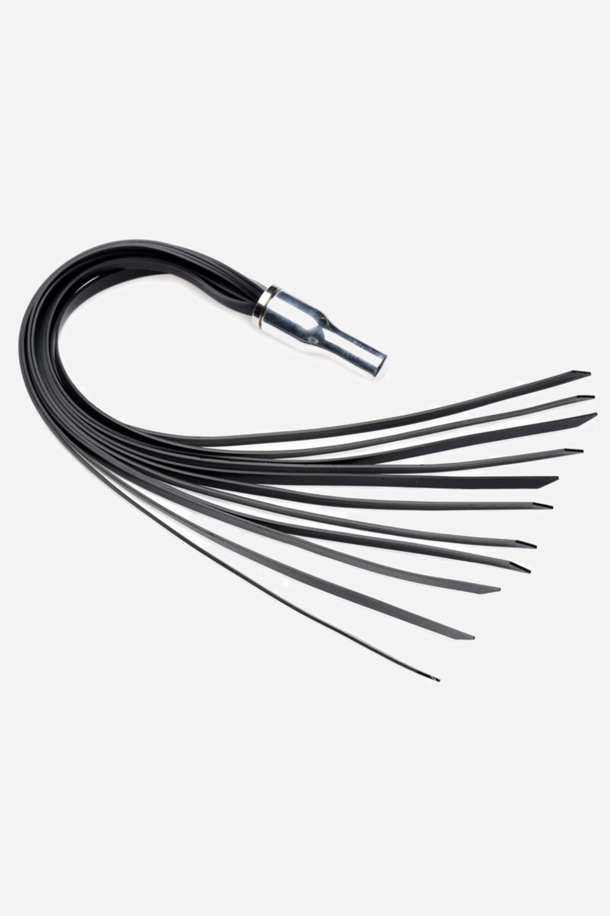 Black silicone flogger violet wand attachment on grey, its many flat rubber falls fanning out from a slim metal electrode handle.