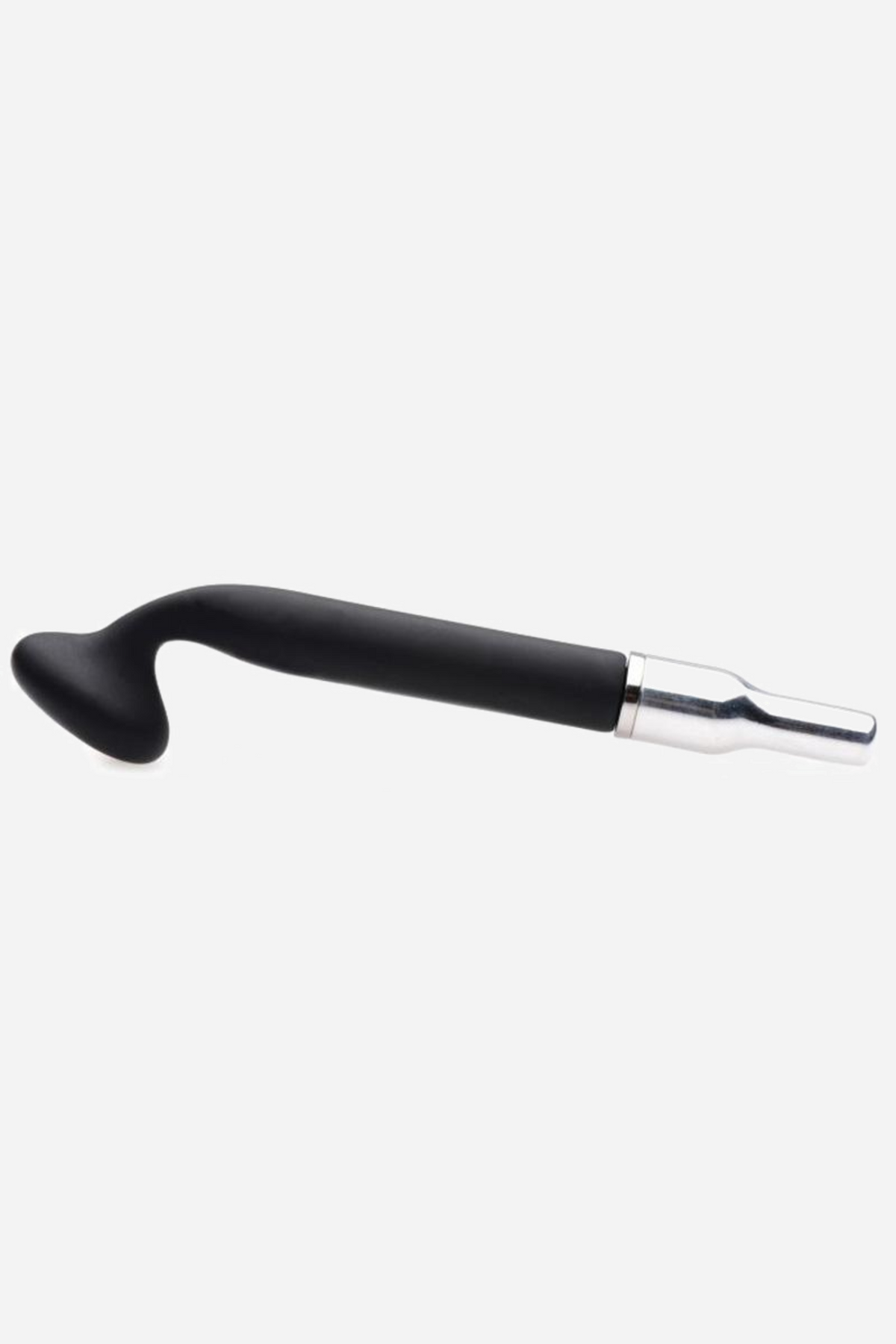 Black silicone round violet wand attachment on grey, a smooth curved head on a slim metal shaft with a knurled connector at the end.