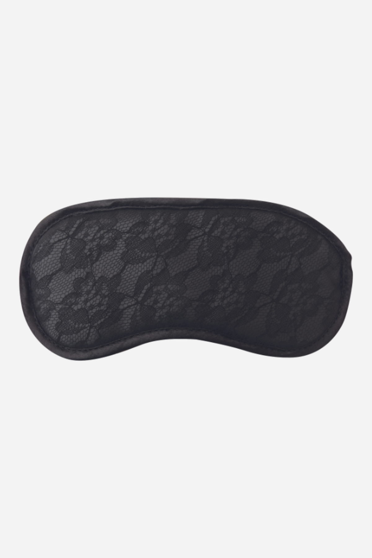 Black blindfold with a floral lace overlay on a faux leather base and a smooth piped edge, shown flat from the front on a plain light background