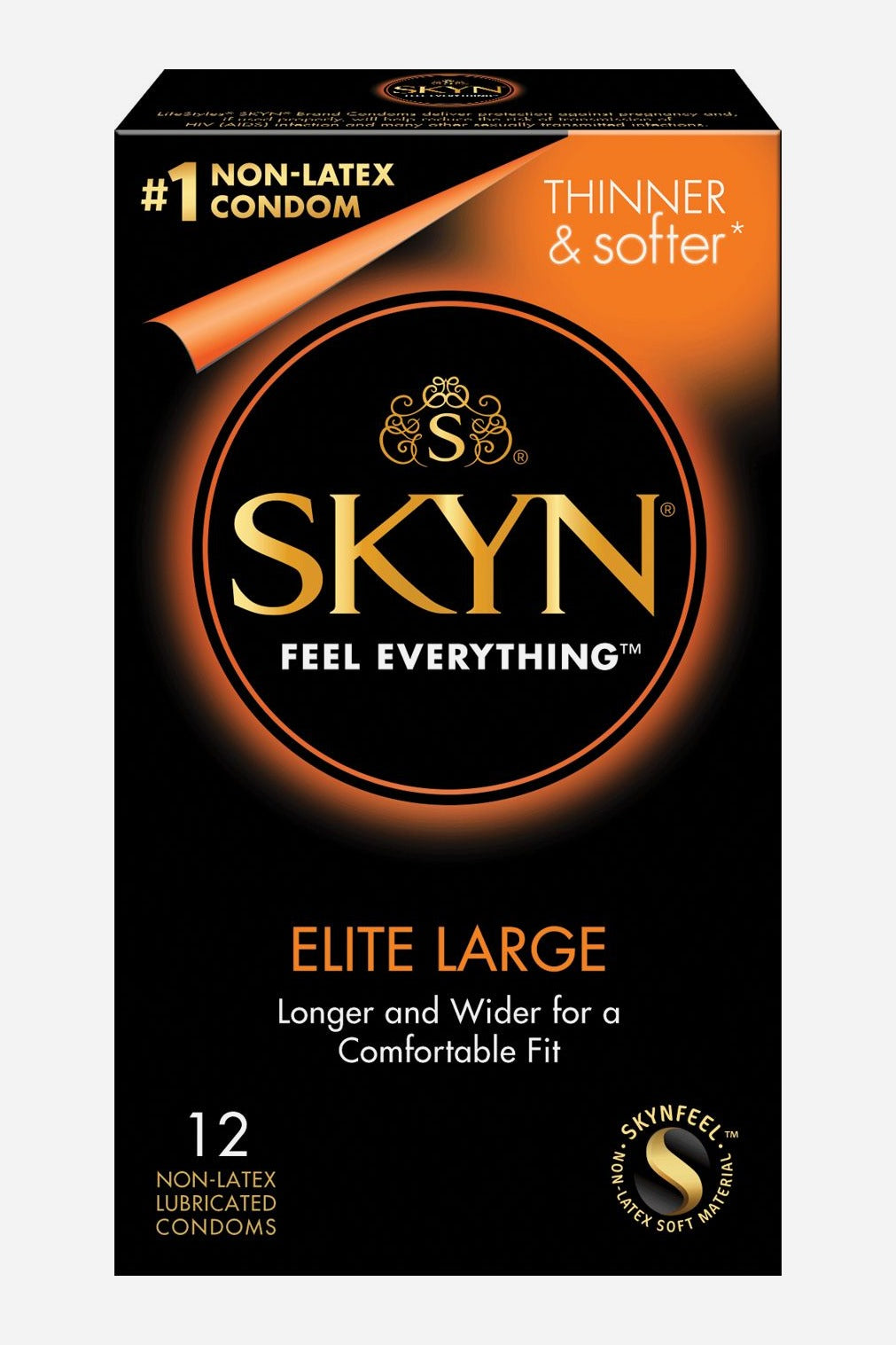 Black and orange 12-count box of Skyn Elite Large non-latex condoms labelled thinner and softer, longer and wider for a comfortable fit