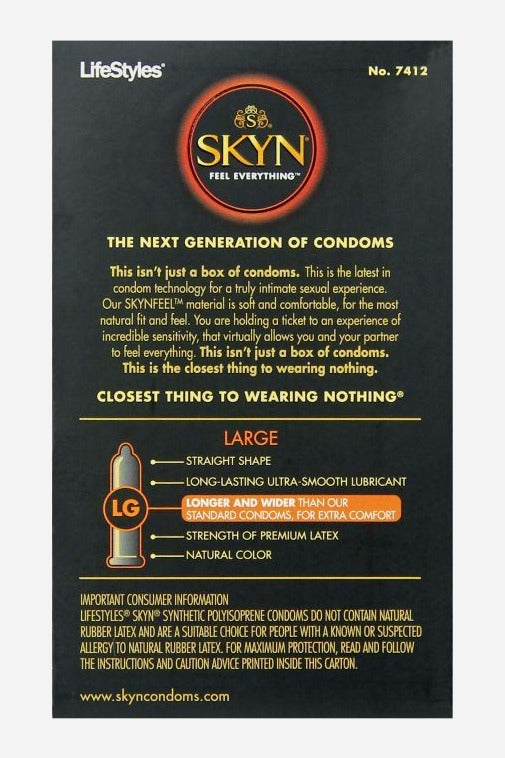 Back of the black Skyn Large condom box with product details, a size guide highlighting the large fit and printed usage and warning text