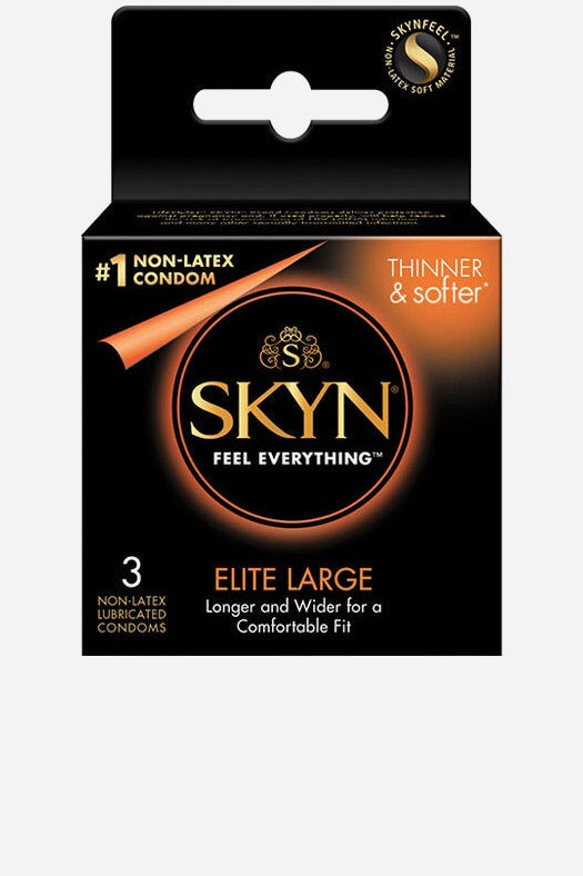 Black and orange 3-count Skyn Elite Large non-latex condom box with a hanging tab on top, labelled thinner and softer, longer and wider fit