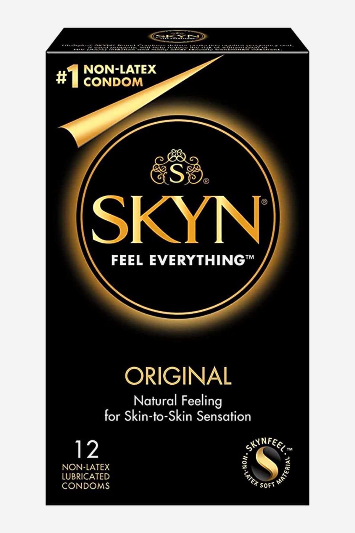 Black and gold 12-pack box of SKYN Original non-latex lubricated condoms, labelled Feel Everything and natural feeling for skin-to-skin sensation