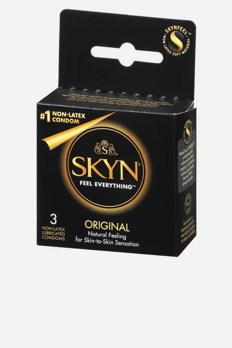 Black and gold 3-pack box of SKYN Original non-latex lubricated condoms with a hang tab, labelled Feel Everything and #1 non-latex condom