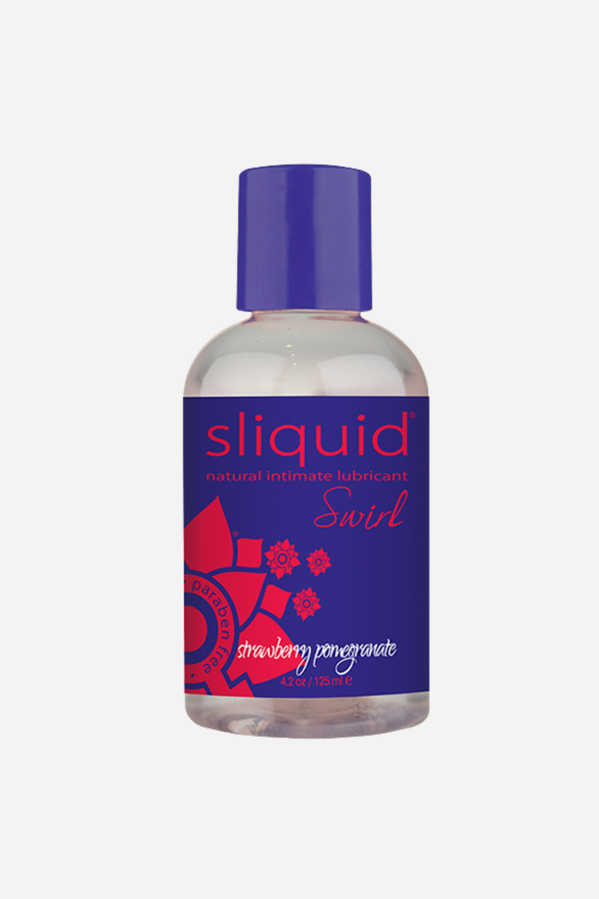 A bottle of Sliquid Naturals Swirl in Strawberry Pomegranate, clear liquid behind a deep pink label with a purple flip cap on top.