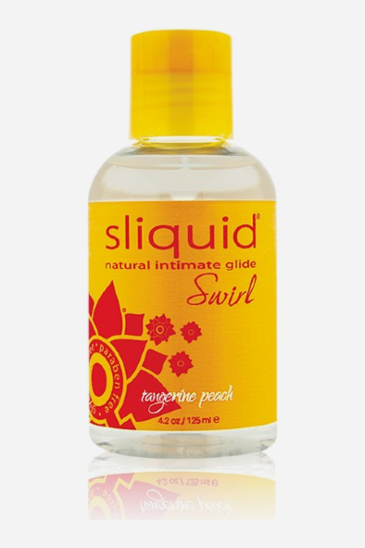 Clear 4.2 oz bottle of Sliquid Swirl natural intimate glide in Tangerine Peach, with a yellow cap and an orange and red sunburst flower label