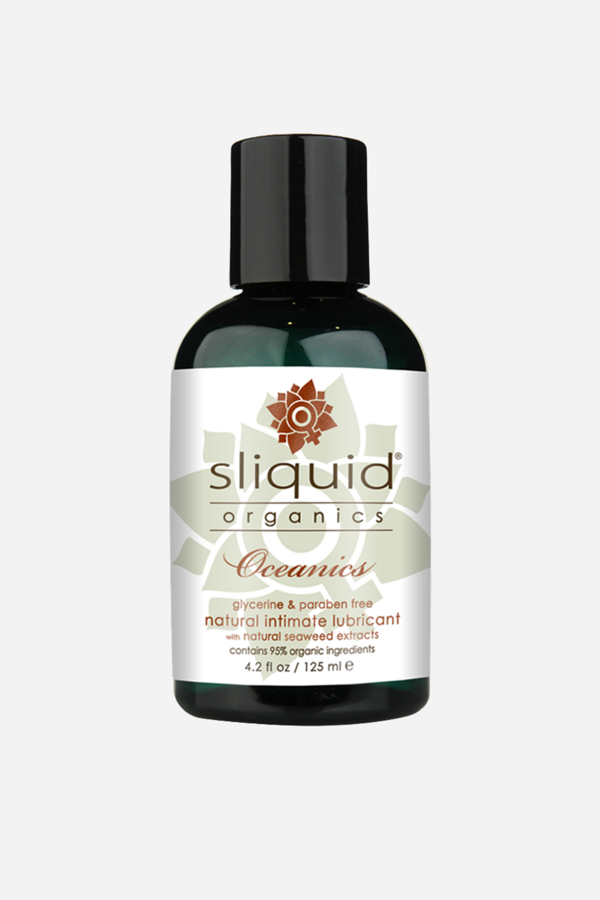 A black pump bottle of Sliquid Organics Oceanics lubricant, its pale label edged in green, standing upright against a plain grey ground.