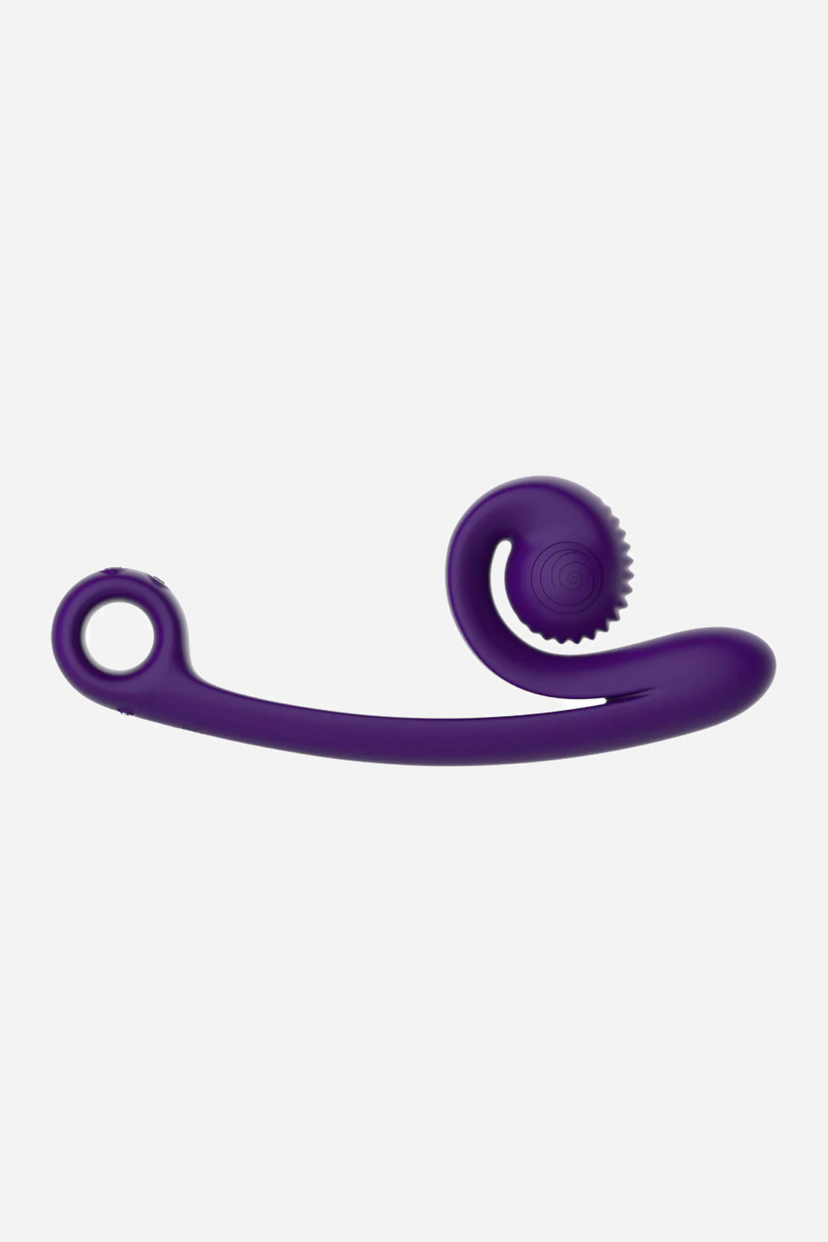 The Snail Vibe Curve in purple, shown side on with the coiled clitoral arm at one end and the slim curved shaft running out to a loop