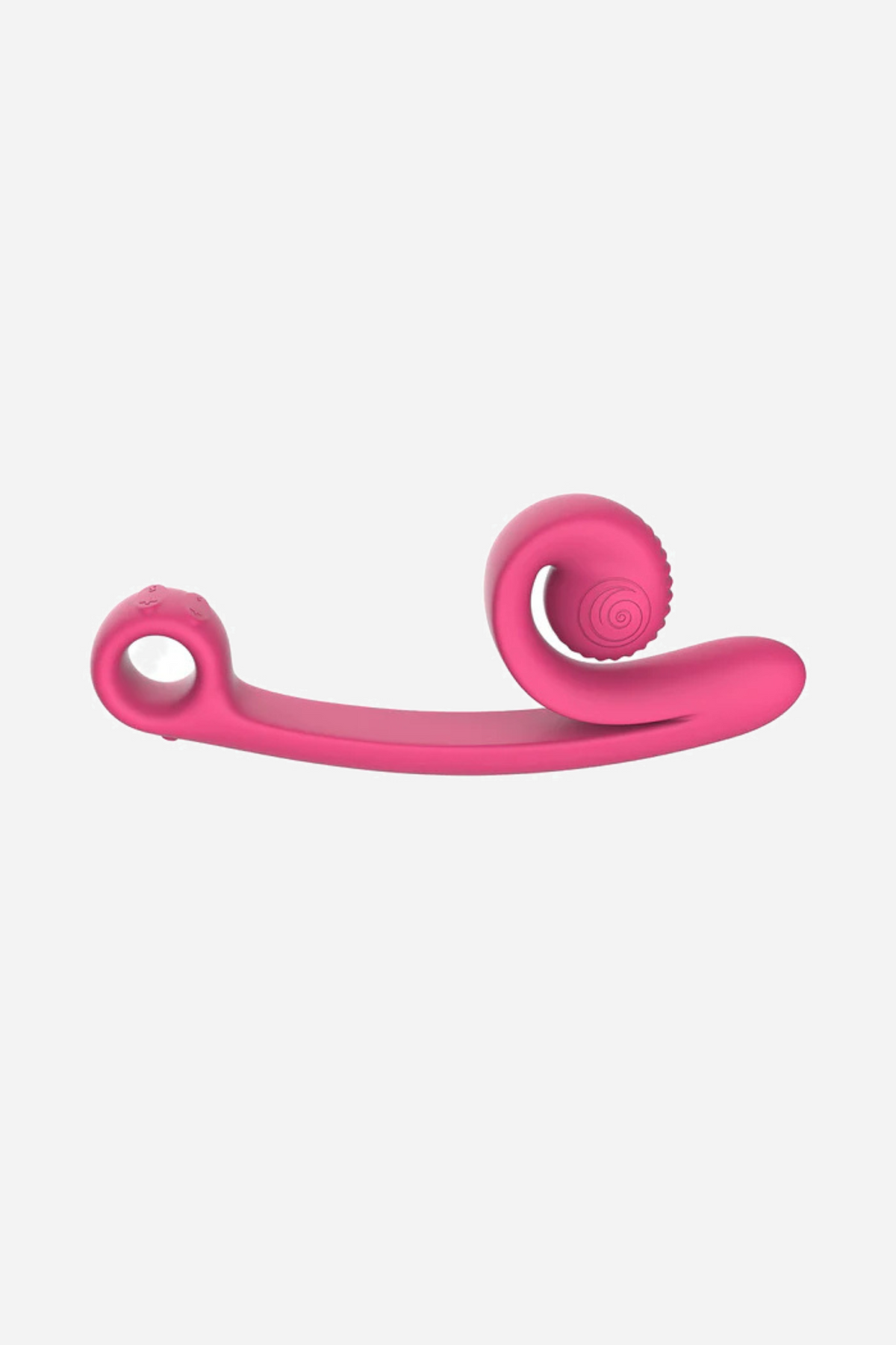 The Snail Vibe Curve in pink, shown side on with the coiled clitoral arm at one end and the slim curved shaft running out to a loop