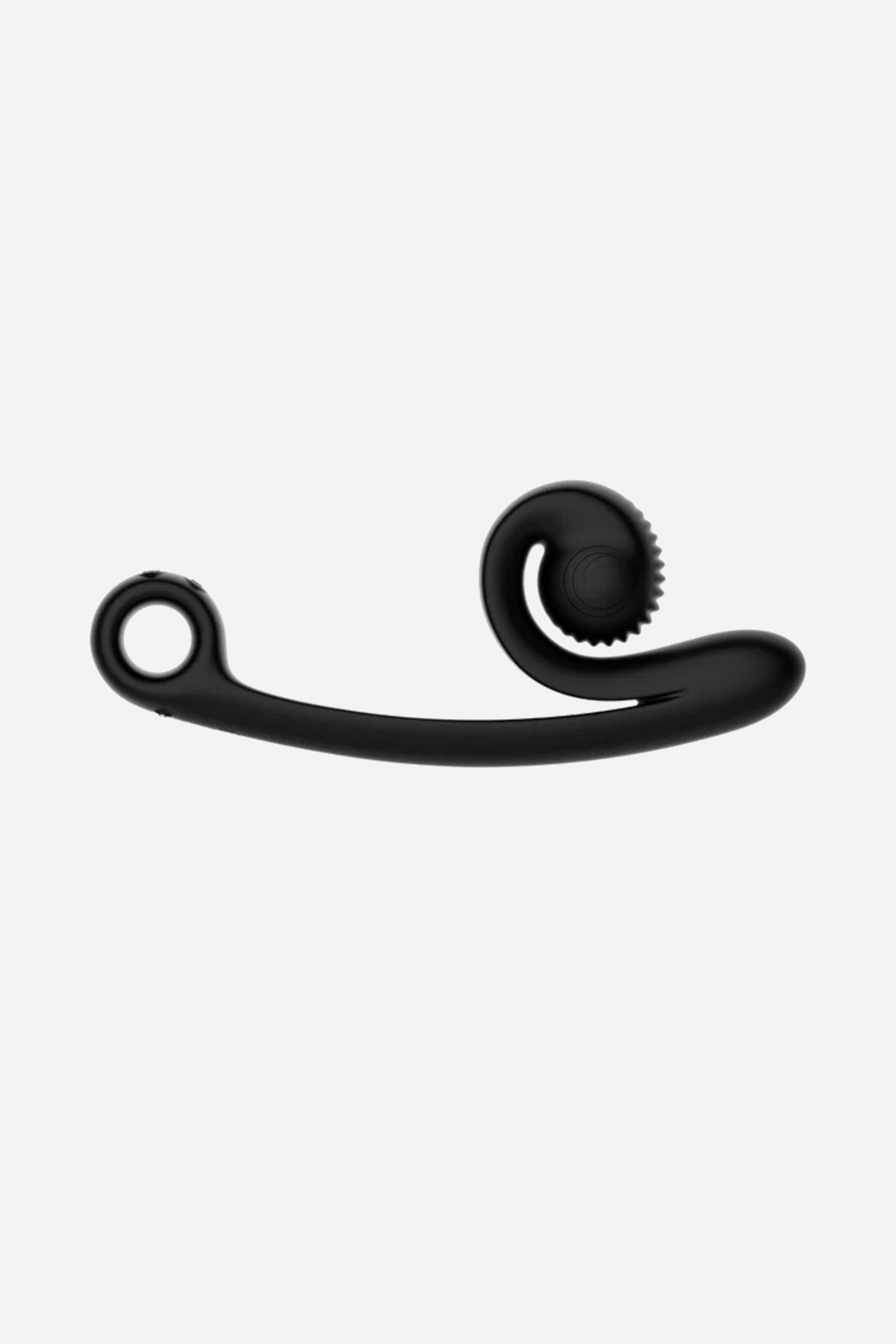 The Snail Vibe Curve in black, shown side on with the coiled clitoral arm at one end and the slim curved shaft running out to a loop