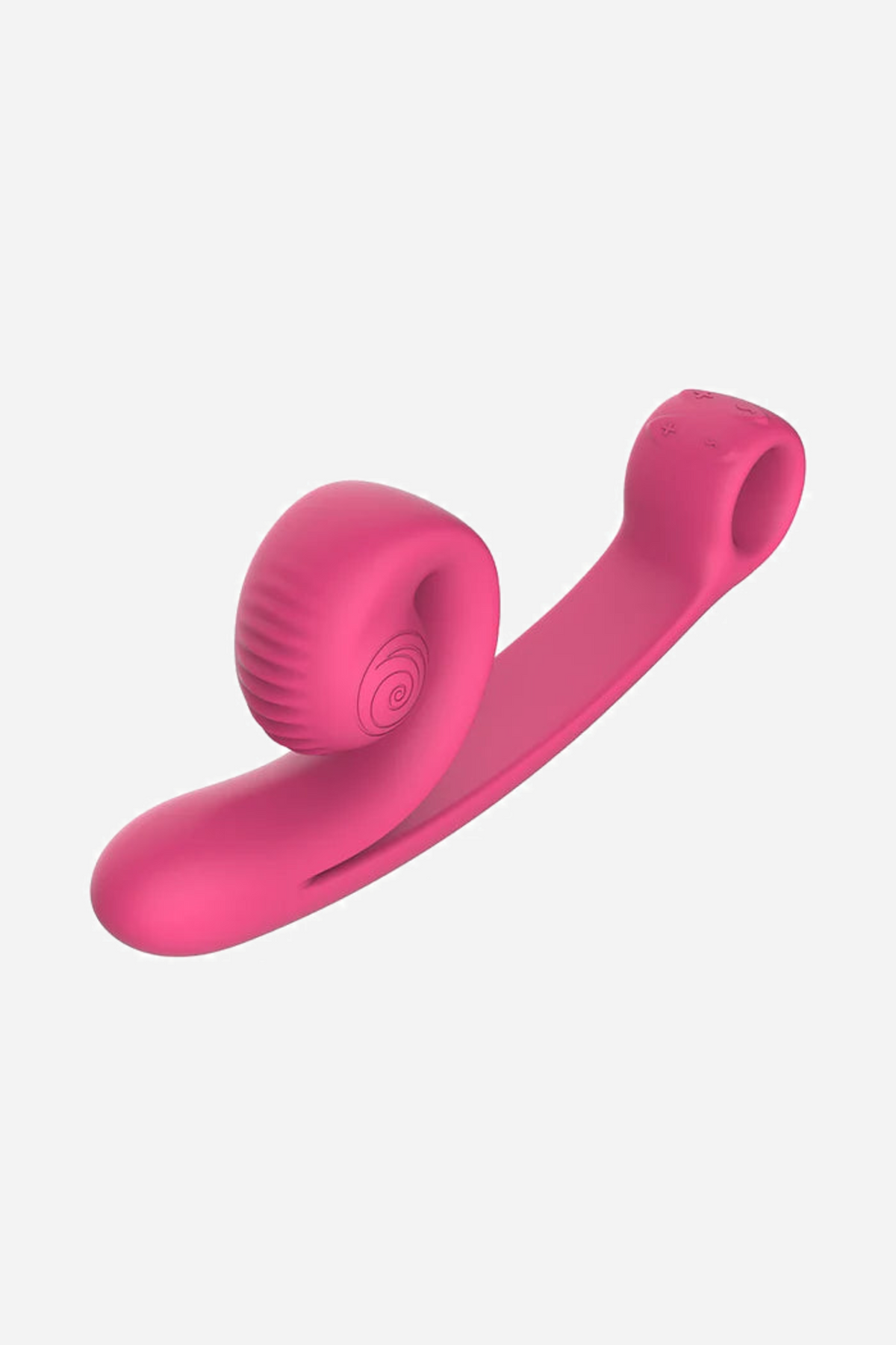 The Snail Vibe Curve in pink seen from above at an angle, showing the spiral head, the ridged body and the tapered tip of the shaft